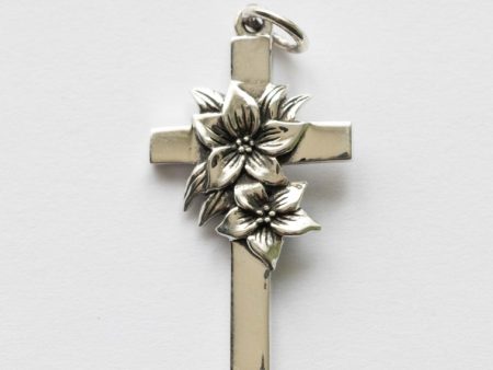 925 Sterling Silver Cross with Lily Flowers Charm