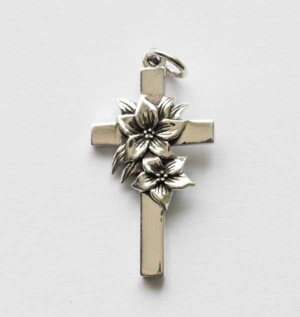 925 Sterling Silver Cross with Lily Flowers Charm