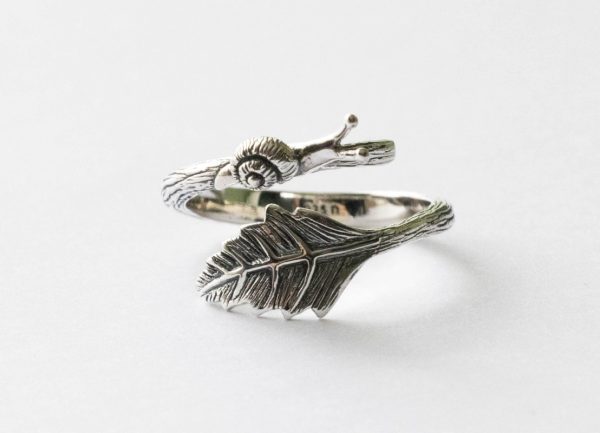 925 Sterling Silver Snail and Leaf Adjustable Ring