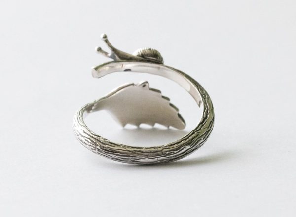 925 Sterling Silver Snail and Leaf Adjustable Ring - Image 2