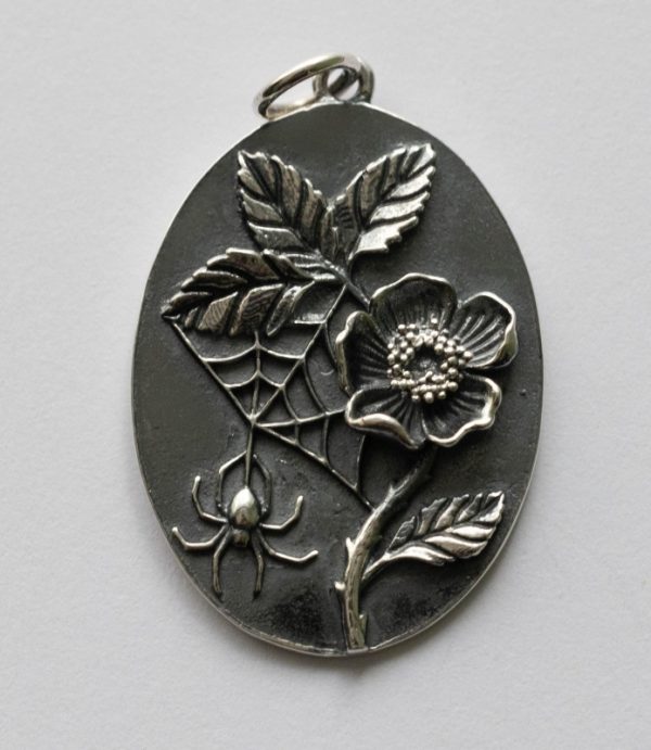 925 Sterling Silver Wild Rose and Spider Pendant