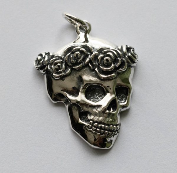 925 Sterling Silver Skull with Rose Crown Pendant