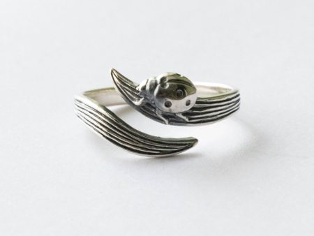925 Sterling Silver Leaf and Ladybug Adjustable Ring