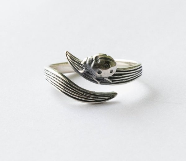 925 Sterling Silver Leaf and Ladybug Adjustable Ring