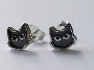 925 Sterling Silver Black Cat Face Post Earrings ( 1 pair)