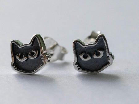 925 Sterling Silver Black Cat Face Post Earrings ( 1 pair)