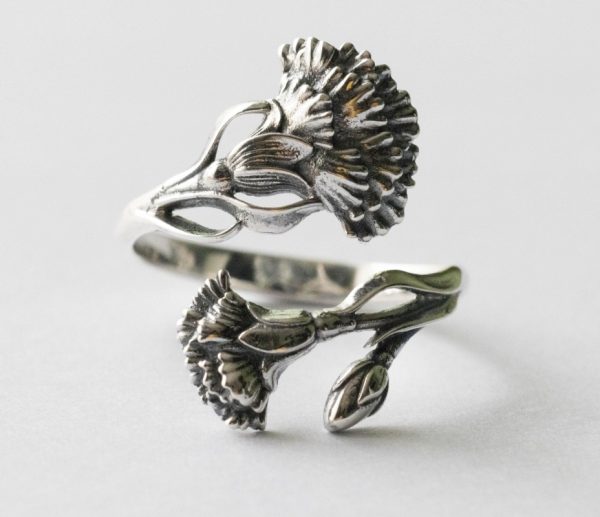 925 Sterling Silver Carnation January Birth Flower Adjustable Ring