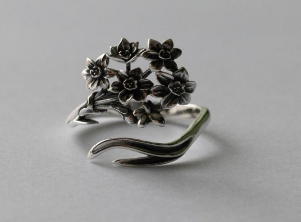925 Sterling Silver Narcissus December Birth Flower Adjustable Ring