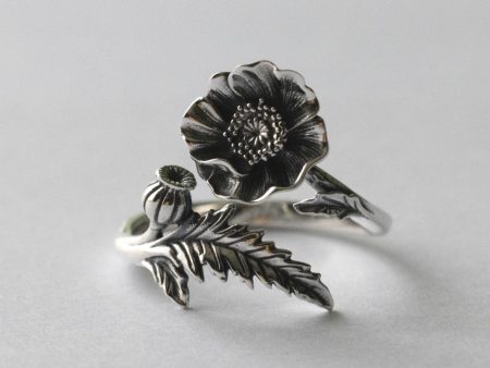 925 Sterling Silver Poppy August Birth Flower Adjustable Ring