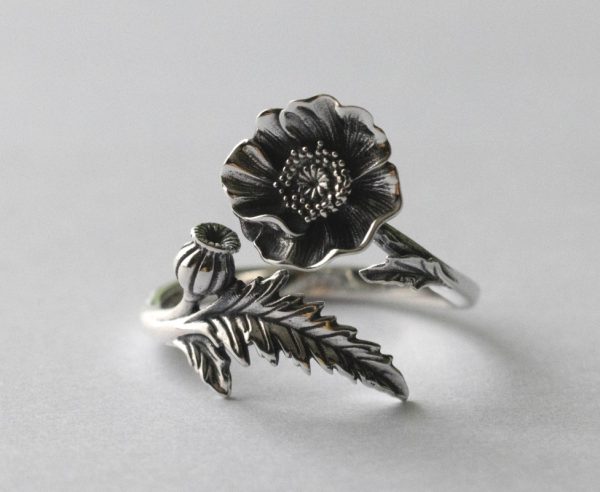 925 Sterling Silver Poppy August Birth Flower Adjustable Ring