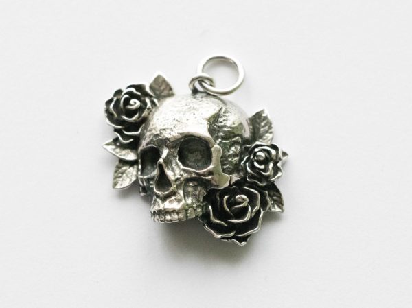 925 Sterling Silver Skull and Roses Charm
