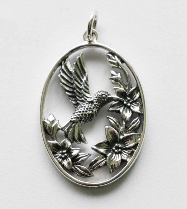 925 Sterling Silver Flowers and Hummingbird Pendant