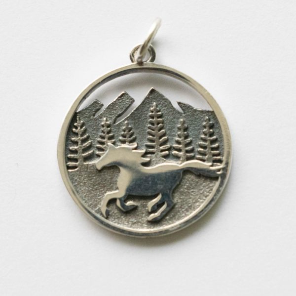 925 Sterling Silver Horse Running in Mountains Pendant