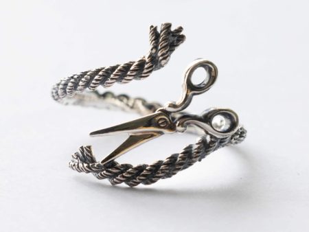 925 Sterling Silver Scissors and Yarn Adjustable Ring