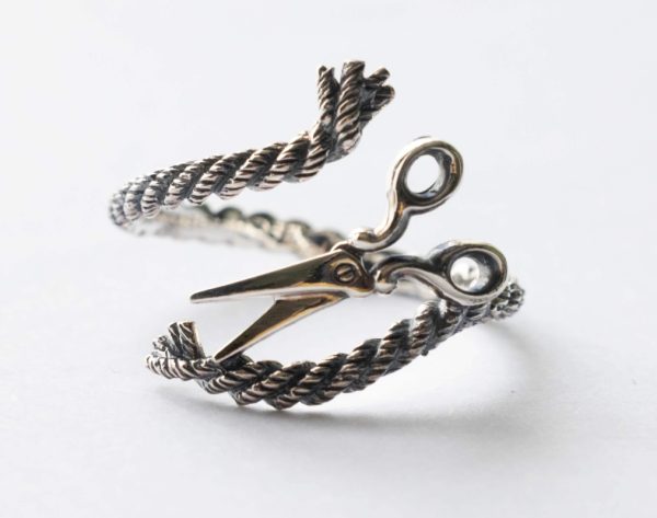 925 Sterling Silver Scissors and Yarn Adjustable Ring