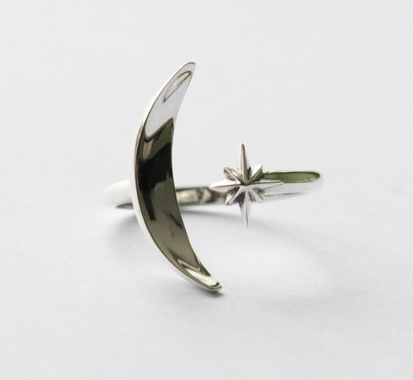 925 Sterling Silver Moon and Star Adjustable Ring