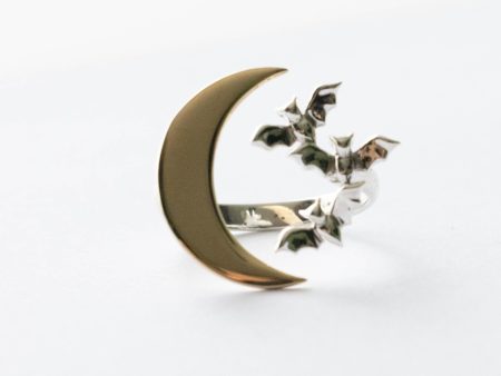 925 Sterling Silver Bat Cluster and Bronze Moon Adjustable Ring