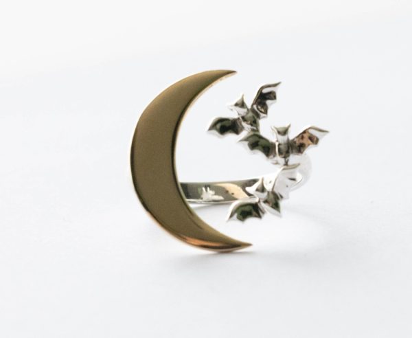 925 Sterling Silver Bat Cluster and Bronze Moon Adjustable Ring