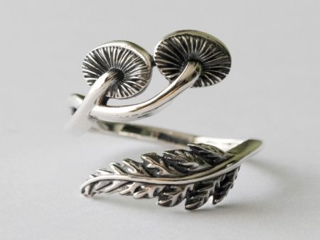 925 Sterling Silver Mushroom and Fern Adjustable Ring