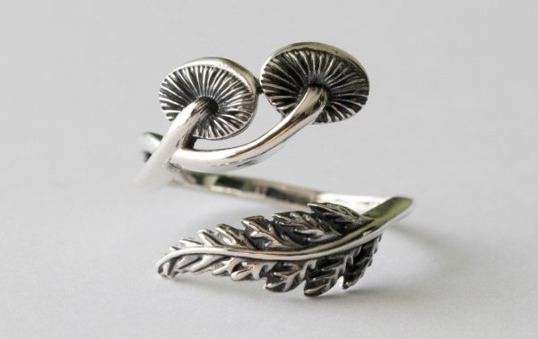 925 Sterling Silver Mushroom and Fern Adjustable Ring