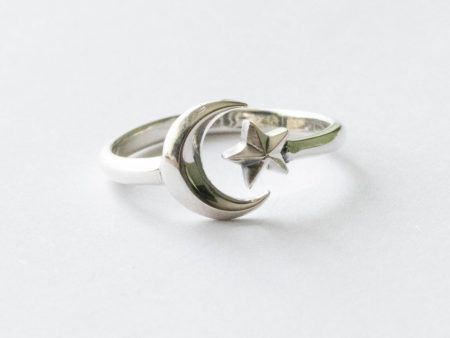 925 Sterling Silver Small Moon and Star Adjustable Ring