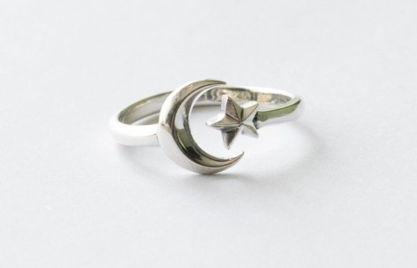 925 Sterling Silver Small Moon and Star Adjustable Ring