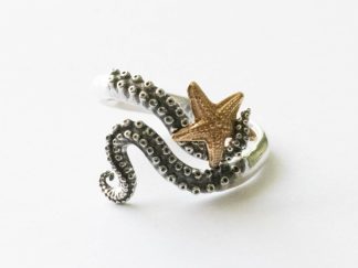 925 Sterling Silver Octopus with Bronze Starfish Adjustable Ring