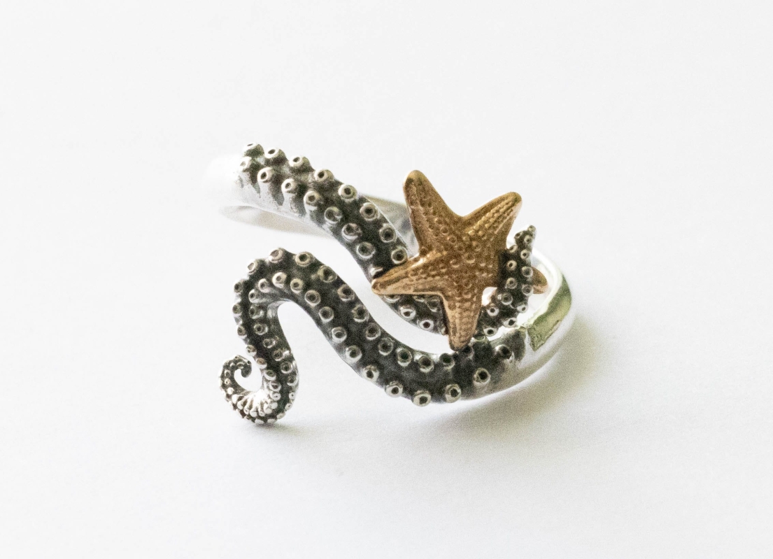 925 Sterling Silver Octopus with Bronze Starfish Adjustable Ring