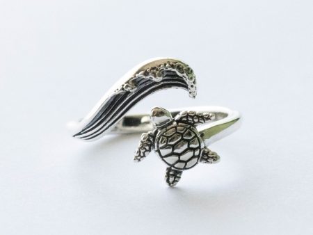 925 Sterling Silver Sea Turtle and Wave Adjustable Ring