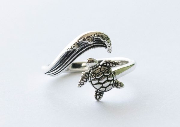 925 Sterling Silver Sea Turtle and Wave Adjustable Ring