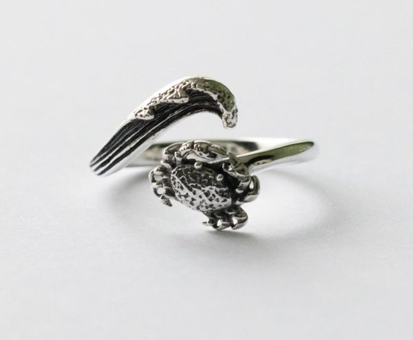 925 Sterling Silver Wave and Crab Adjustable Ring
