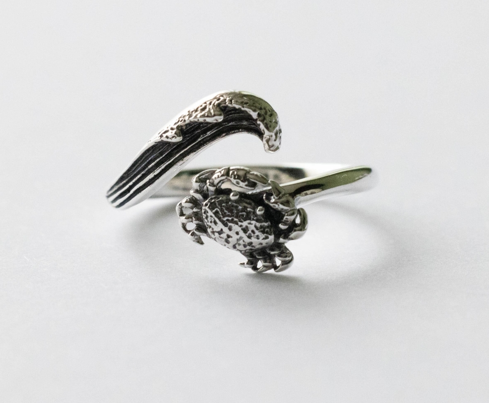 925 Sterling Silver Wave and Crab Adjustable Ring