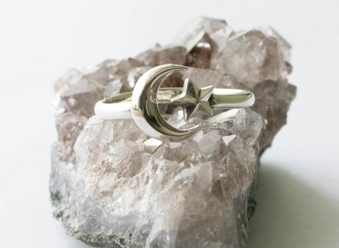 925 Sterling Silver Small Moon and Star Adjustable Ring - Image 2