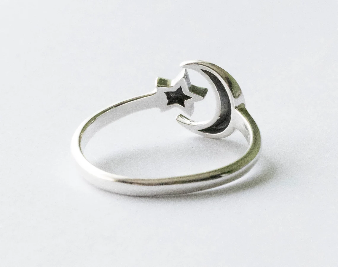 925 Sterling Silver Small Moon and Star Adjustable Ring - Image 3