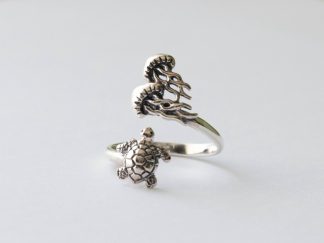 925 Sterling Silver Turtle and Jellyfish Adjustable Ring