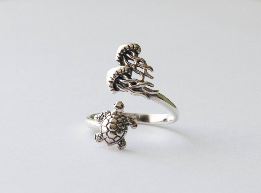 925 Sterling Silver Turtle and Jellyfish Adjustable Ring
