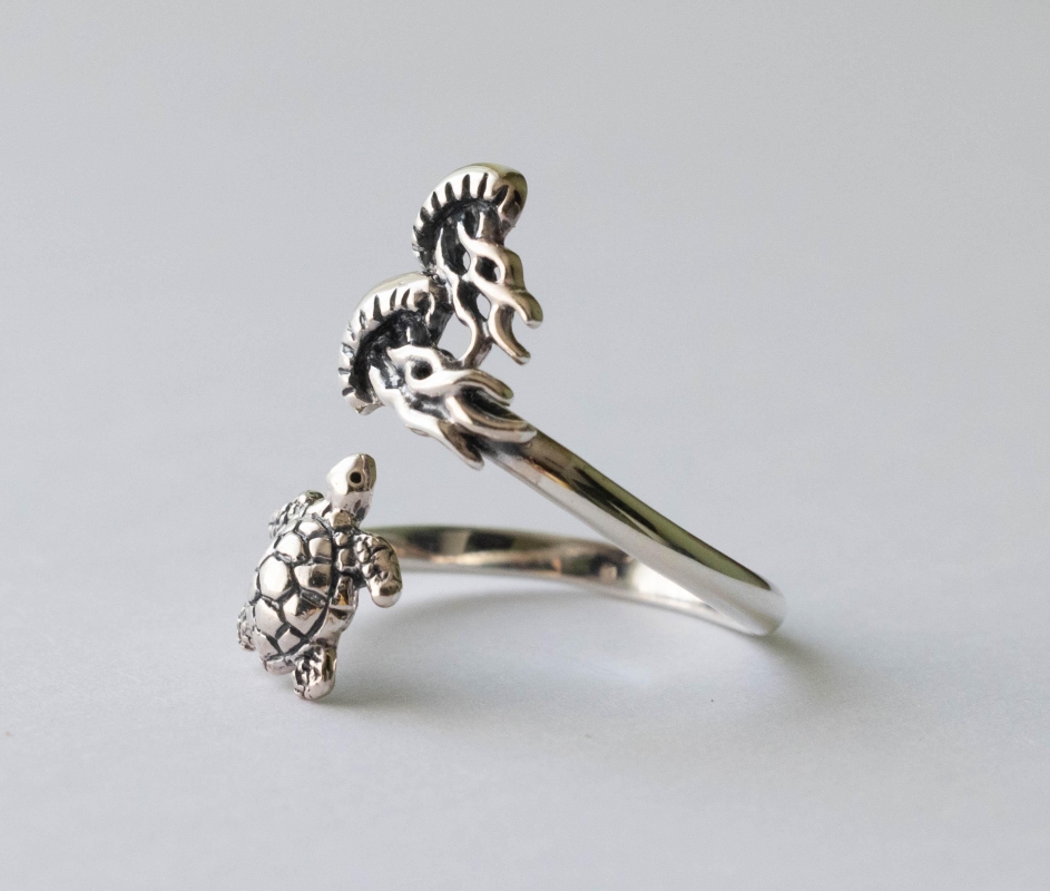 925 Sterling Silver Turtle and Jellyfish Adjustable Ring - Image 4