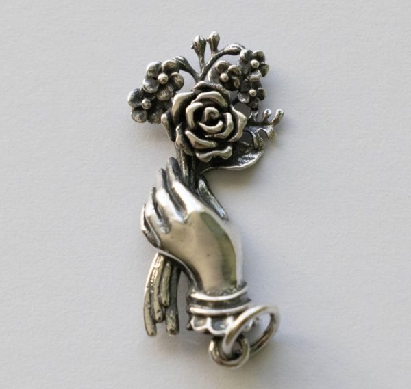 925 Sterling Silver Hand Holding Flower Bouquet Charm