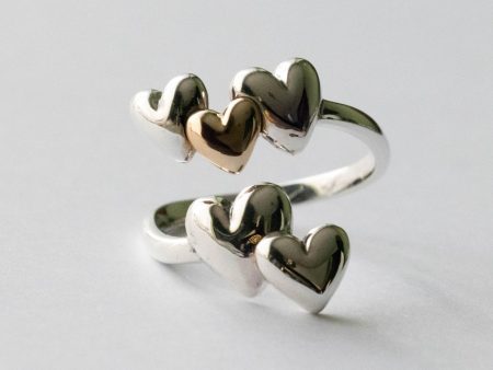 925 Sterling Silver and Bronze Five Hearts Adjustable Ring