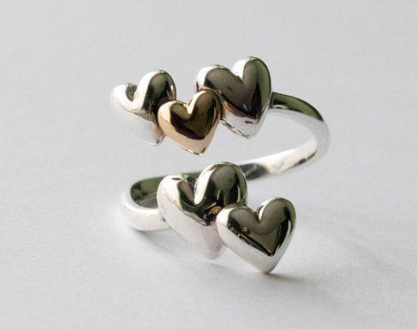 925 Sterling Silver and Bronze Five Hearts Adjustable Ring