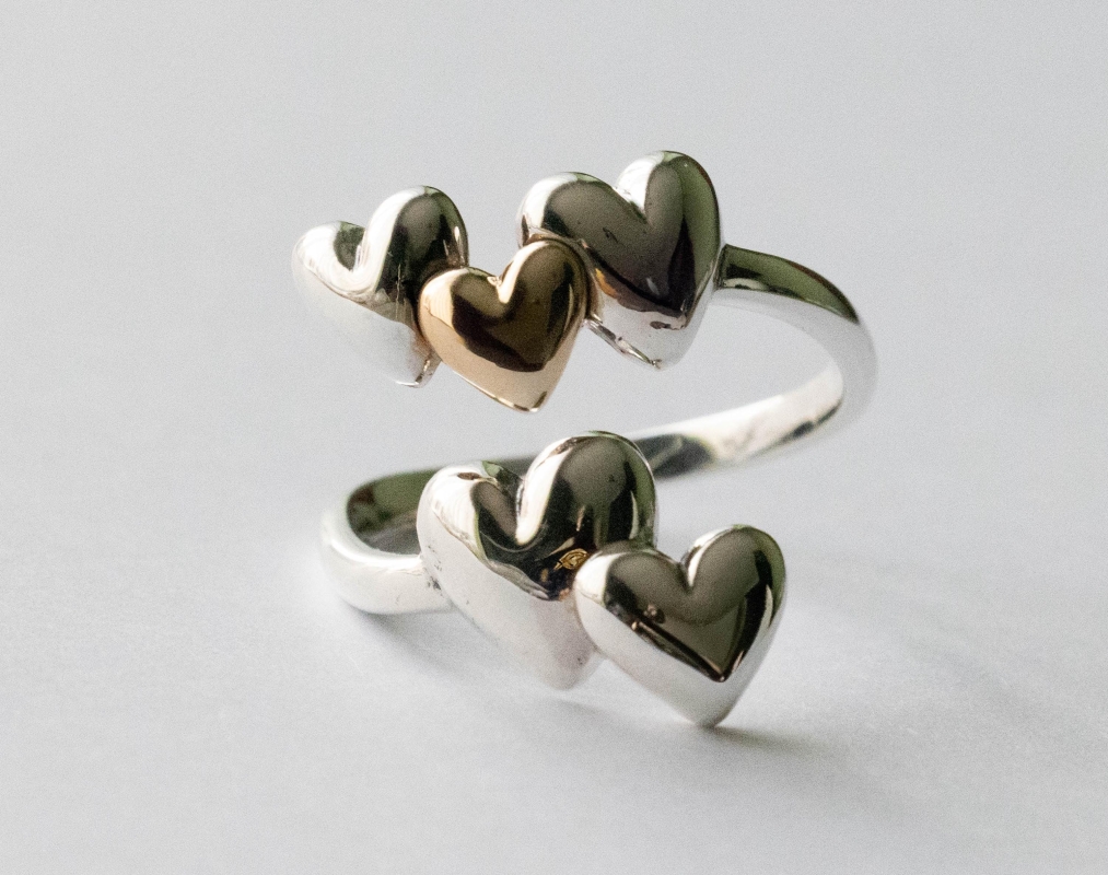 925 Sterling Silver and Bronze Five Hearts Adjustable Ring