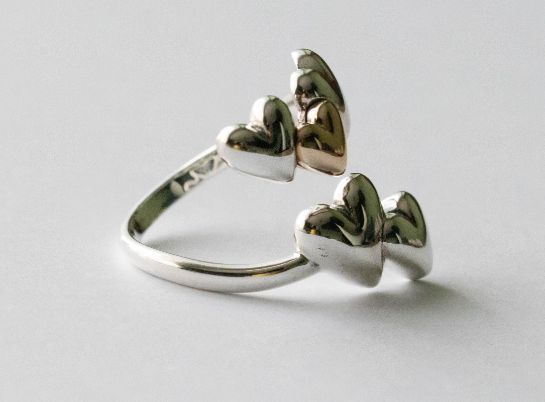 925 Sterling Silver and Bronze Five Hearts Adjustable Ring - Image 2