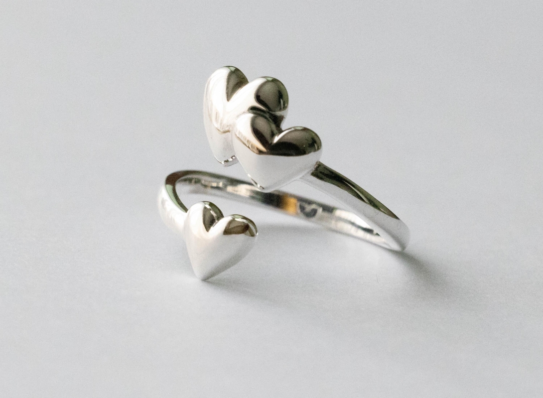 925 Sterling Silver Three Hearts Adjustable Ring