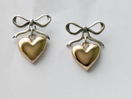 925 Sterling Silver Bow Post Earrings with Bronze Heart ( 1 pair)