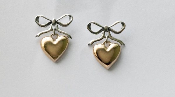 925 Sterling Silver Bow Post Earrings with Bronze Heart ( 1 pair)