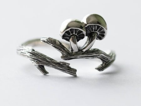 925 Sterling Silver Branch and Mushroom Adjustable Ring
