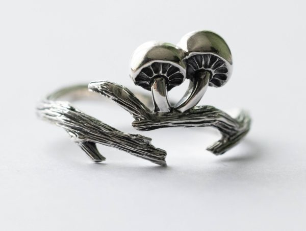 925 Sterling Silver Branch and Mushroom Adjustable Ring