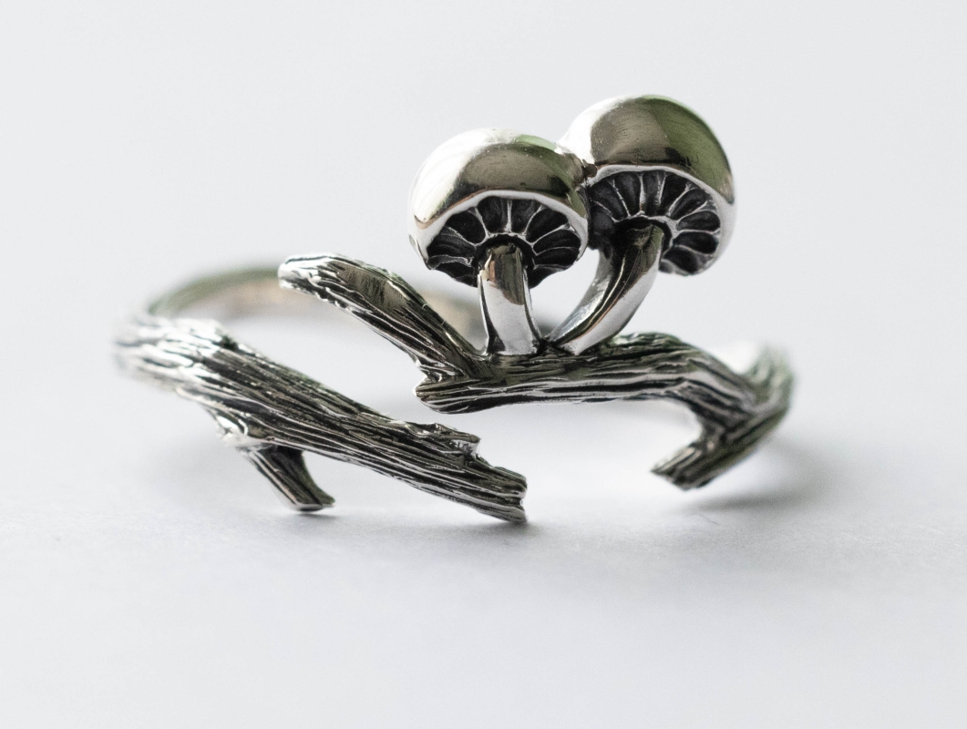 925 Sterling Silver Branch and Mushroom Adjustable Ring