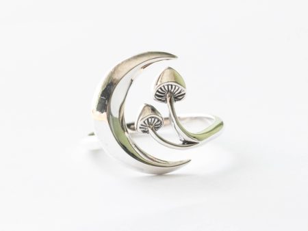 925 Sterling Silver Moon and Mushroom Adjustable Ring