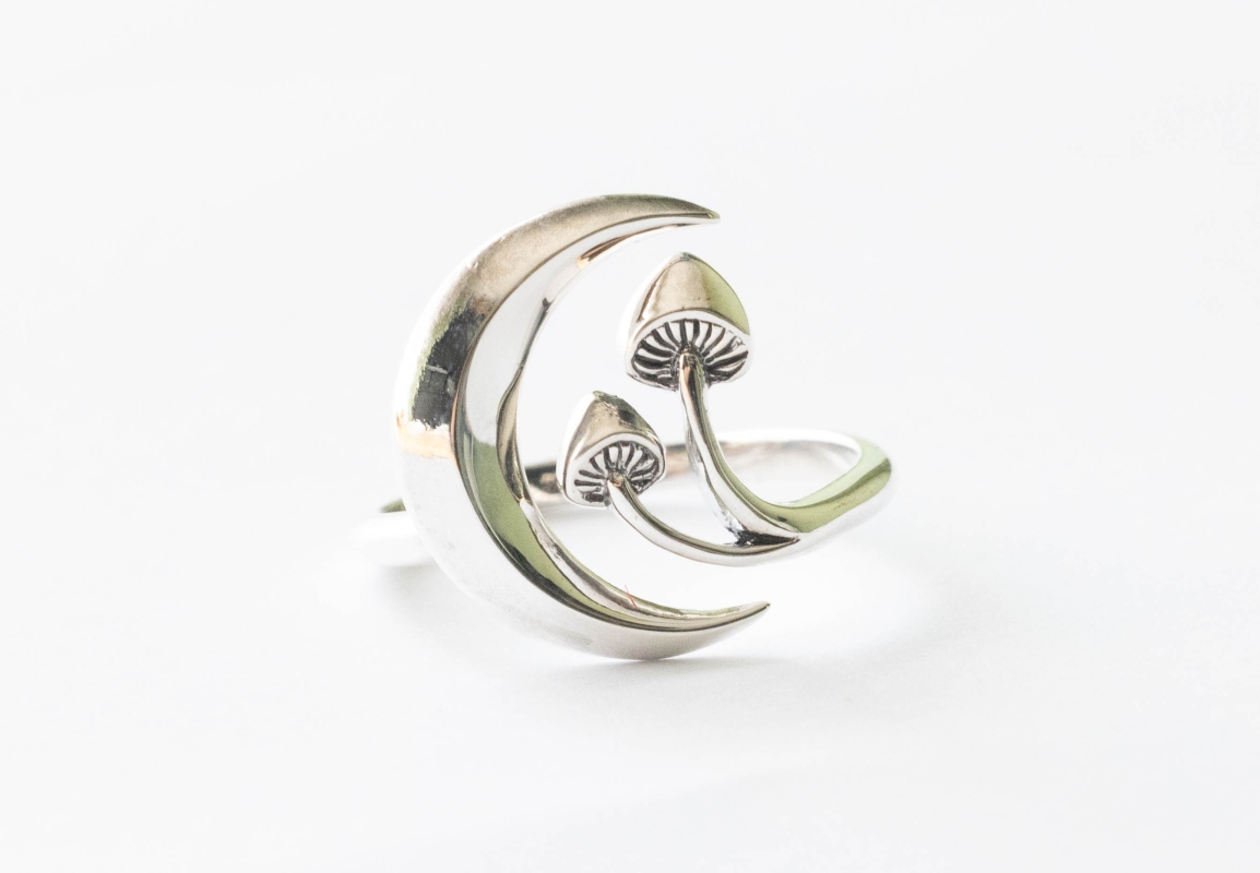 925 Sterling Silver Moon and Mushroom Adjustable Ring